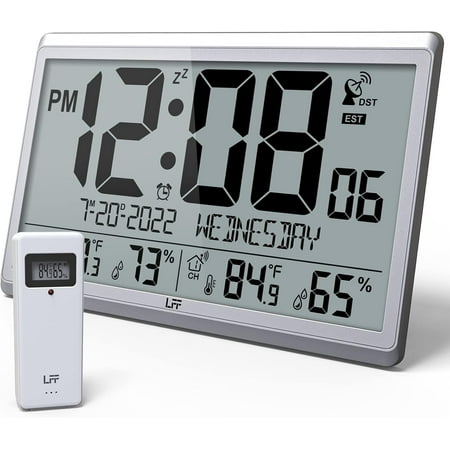 LFF Atomic Clock - Never Needs Setting, Battery Operated, 15" Atomic Wall Clock with Indoor Outdoor Temperature & Humidity, Digital Wall Clock with 4.5" Numbers Easy-to-Read, Silver
