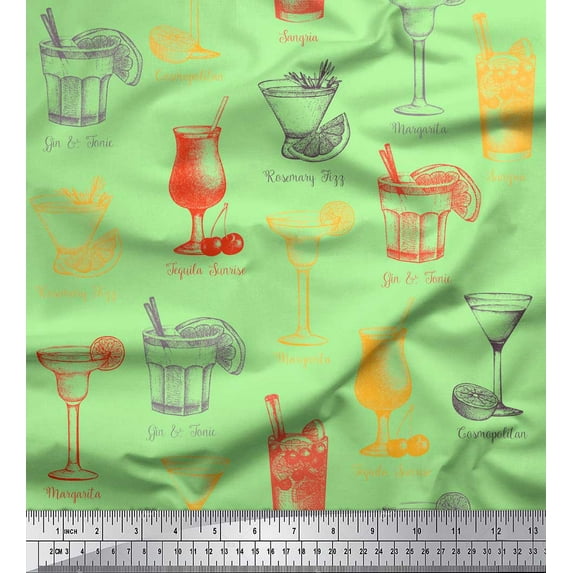 Soimoi Green Heavy Satin Fabric Tequila Sunrise,Margarita & Rosemary Fizz Drinks Beverages Printed Fabric 1 Yard 54 Inch Wide