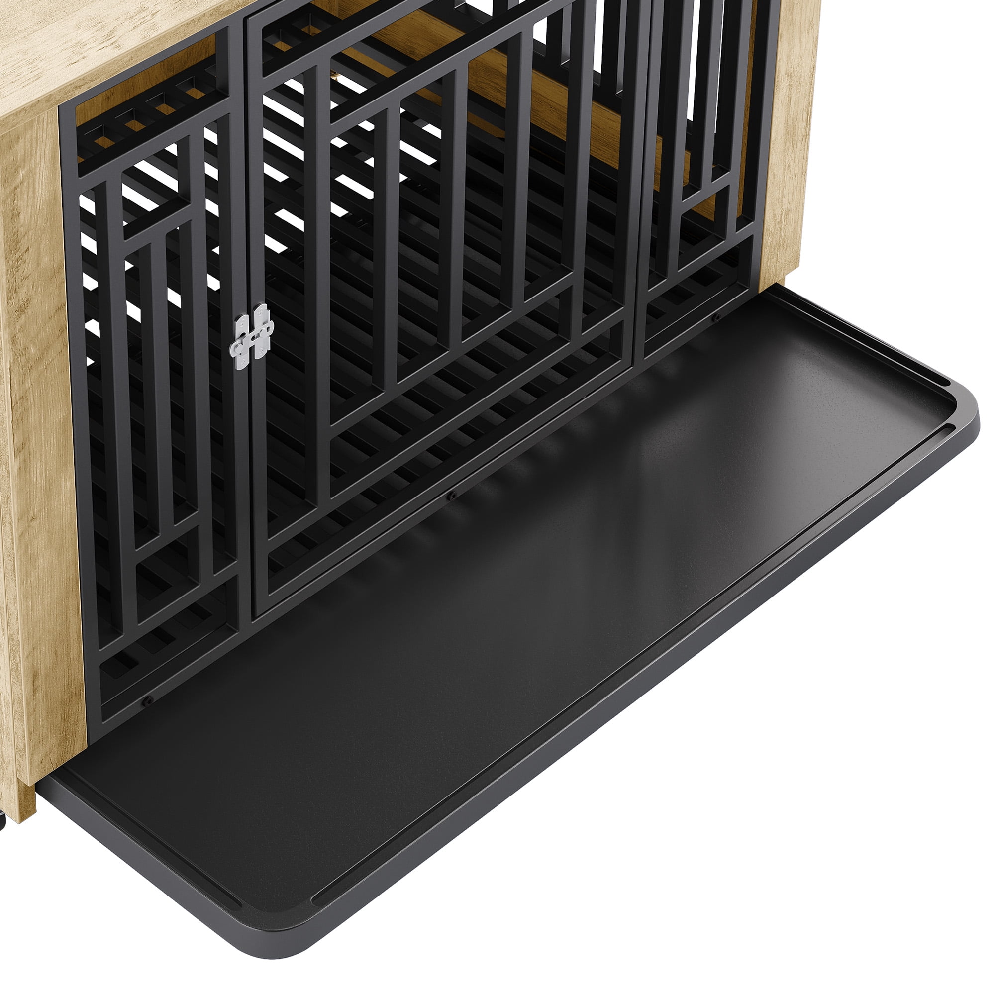 Uforic 38" Dog Crate Furniture with 4 Wheels, Indoor Furniture Style Wooden Large Dog Kennel, Greige