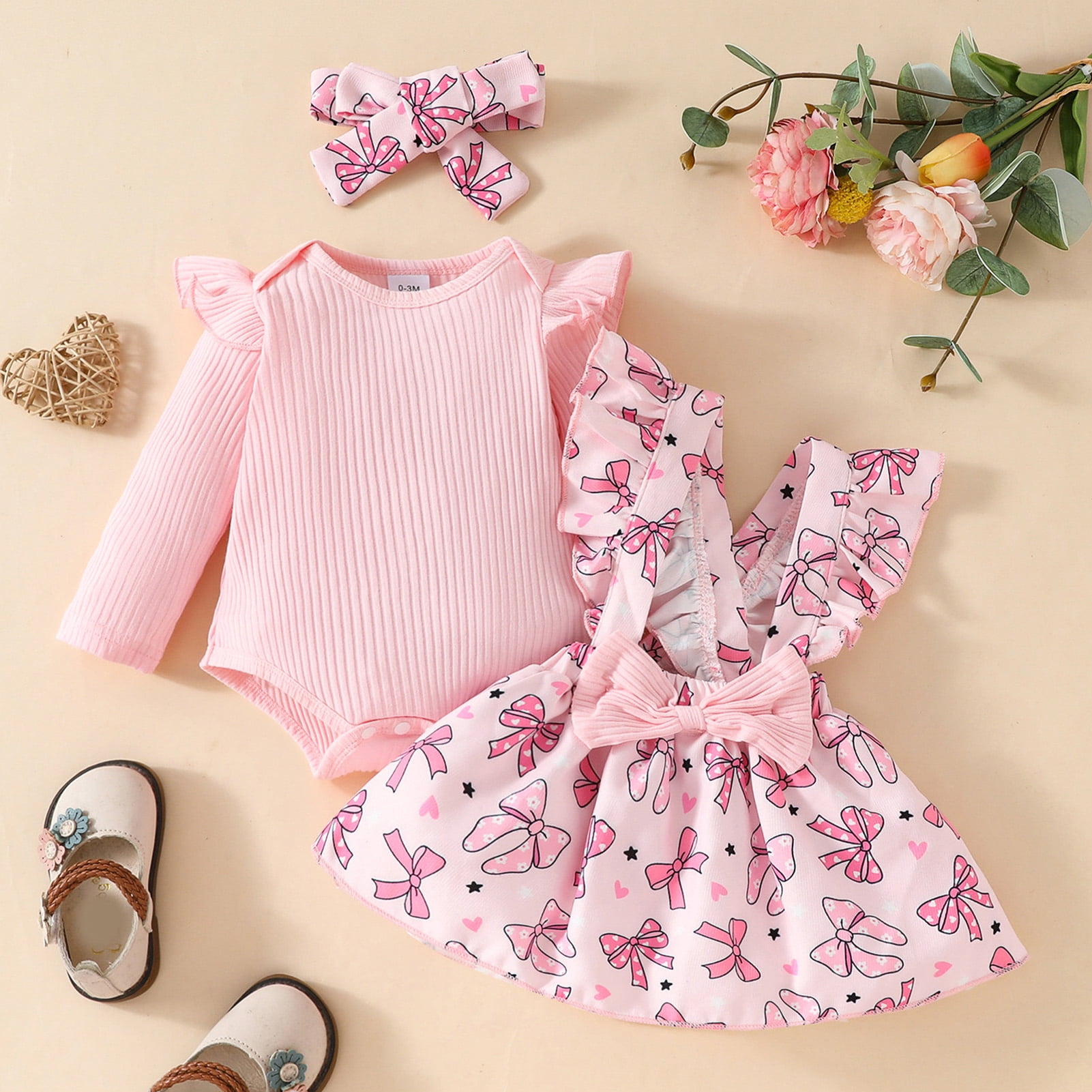 IWEMEK Newborn Baby Girl Clothes Ruffle Long Sleeve Romper Pink Bowknot Skirt 3 Pieces Fall Outfit Sets Size 12-18M
