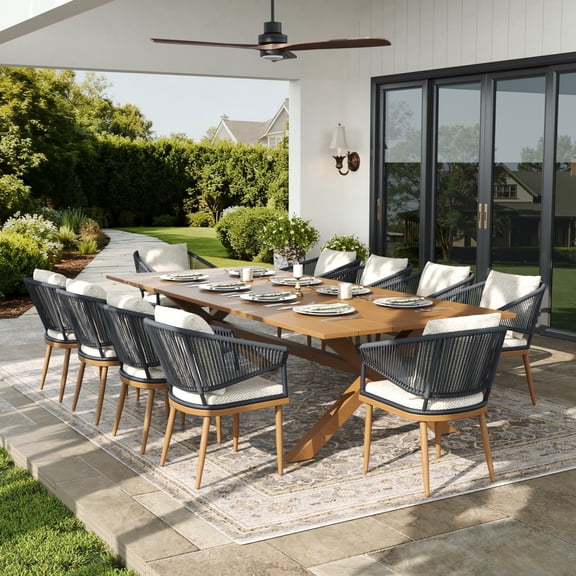 LayinSun 11 Piece Outdoor Dining Table Set, Aluminum Modern Rectangular Dining Table and All-Weather Wicker Chairs Set for Patio Deck Indoor Decor Kitchen