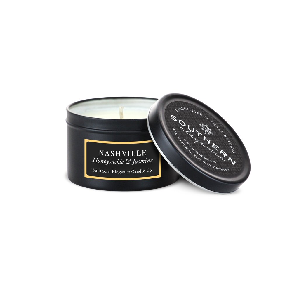 Southern Elegance Nashville Honeysuckle and Jasmine 6 oz Black Travel Tin Scented Candle