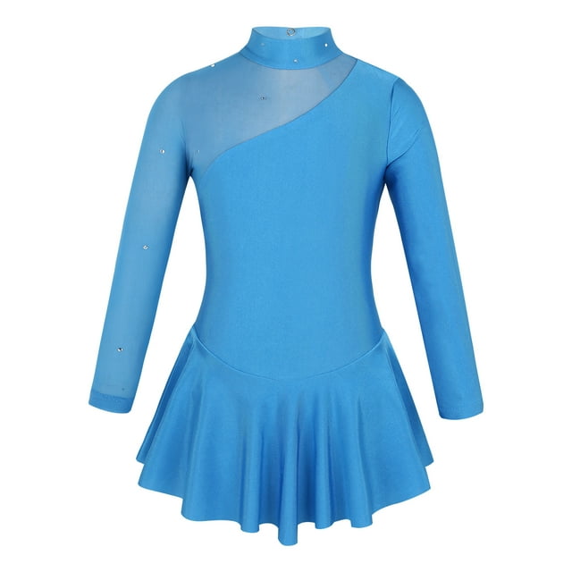 inhzoy Robe de Patinage Artistique pour Filles Manches Longues avec Strass Robe de Danse Ballet Justaucorps de Gymnastique Bleu 10