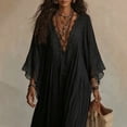 thumbnail image 5 of Women Boho Lace V Neck Flowy Maxi Dress, Bell Sleeve Loose Tiered Long Beach Cover Up Dress, Casual Summer Vacation Holiday Sundress for Travel,Black,2XL, 5 of 6