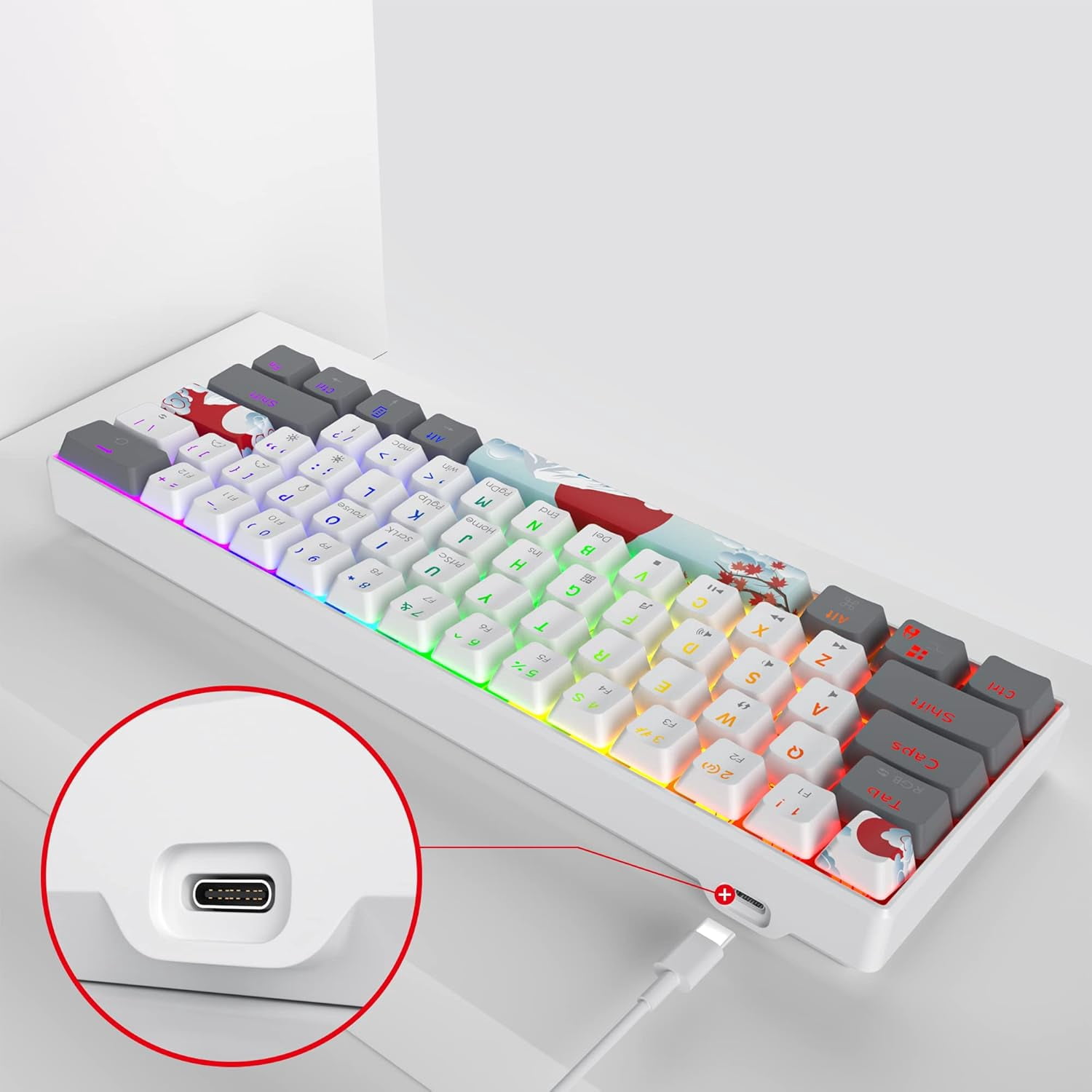 60% Mechanical Keyboard 61-Key Wired Gaming Keyboard with Red RGB Lighting Effect PBT Keycaps Ultra-Compact Mini Keyboard Suitable for Win/(61 White)
