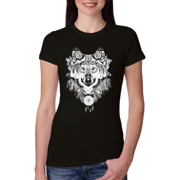 Drawn Tribal Wolf Animal Lover Womens Slim Fit Junior Tee, Black, Small