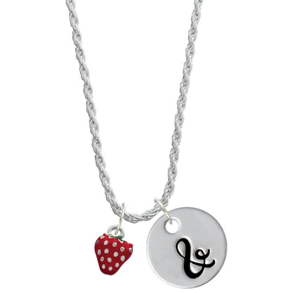 Delight Jewelry Silvertone Mini 2-D Enamel Strawberry Silvertone Script Initial Disc - & - Charm Necklace, 20"+3"