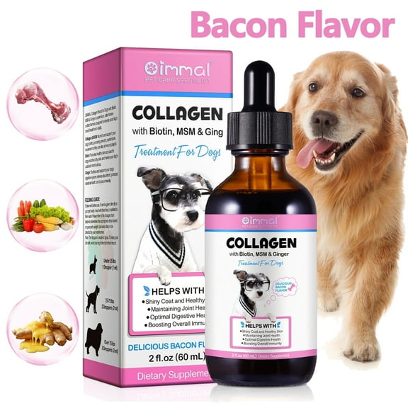 Oimmal Collagen for Dogs, Hip and Joint Supplement with MSM, Liquid Collagen for Dogs, Boosting Overall Immunity for Dogs, 2 fl oz - Bacon Flavor