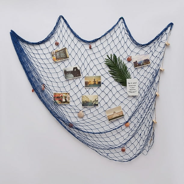 Decoración de Red de Pesca con Conchas | Estilo Náutico Mediterráneo en Cuerda de Algodón para Colgar en Pared | Decoración de Pared Tejida a Mano para Fotos | Lavable a Máquina | Blanco Azul Beige