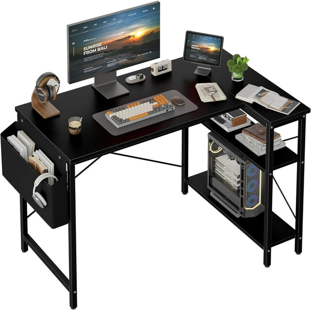 Shaped Computer Desk with Reversible Shelves Inch Small Corner Desk with Storage Bag Gaming Desk Computer Table Study Writing Table for Home Office Bedroom Small Space