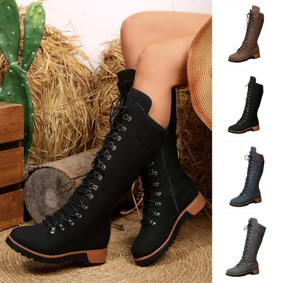 Lovzfmll Chelsea Boots Women, Western Knee High Mid Heel Front Lace Up, Chunky Low Heel Round Toe Military Boots Fall Black Boots
