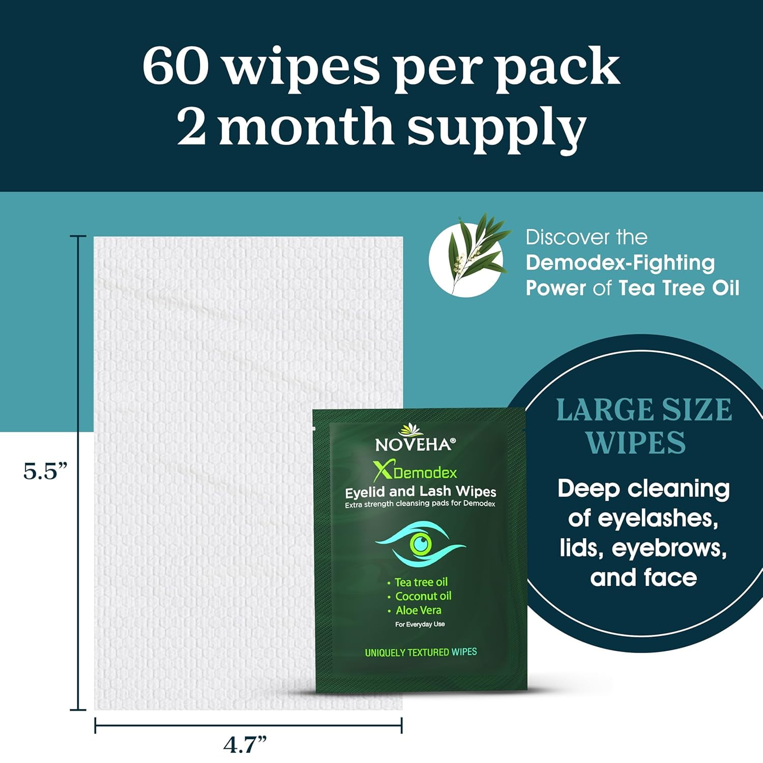 NOVEHA 60 PCs Demodex Eyelid & Lash Wipes | Extra Strength Eyelash Cleansing Wipes - Battle Itchy & Irritated Eyes associated with Demodex Mites | Naturally Remove Debris | Individually Wrapped