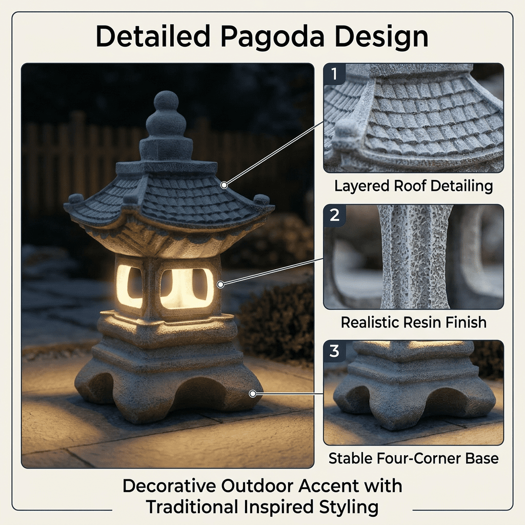 Lumiartisan 13.39in Resin Japanese Pagoda Solar Lantern Garden Statue, Gray