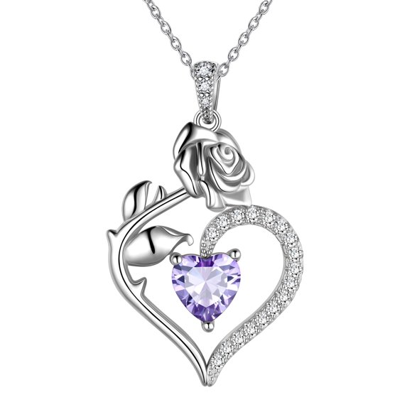Beautlace 925 Sterling Silver Birthstone Necklace for Women Rose Flower Heart Pendant Necklace Fine Jewelry Anniversary Birthday Christmas Gifts for Women Girls