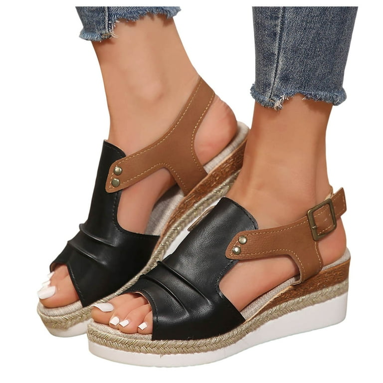 Black Espadrilles For Women Low Wedge Heels Summer Dressy Platform