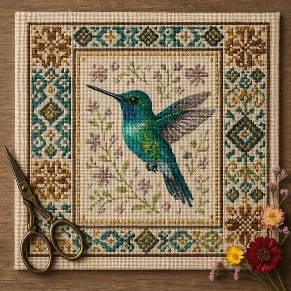 Hummingbird Cross Stitch Kit with Floral Pattern, Cardinal Cross Stitch Kit Personalized Bird Embroidery Kit for Adults Beginners, DIY Needlepoint Home Wall Art Decoration Gift(Hummingbird,Counted)