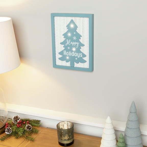 Northlight Lighted Happy Holidays Christmas Tree with Cable Knit Texture Wall Art - 12"