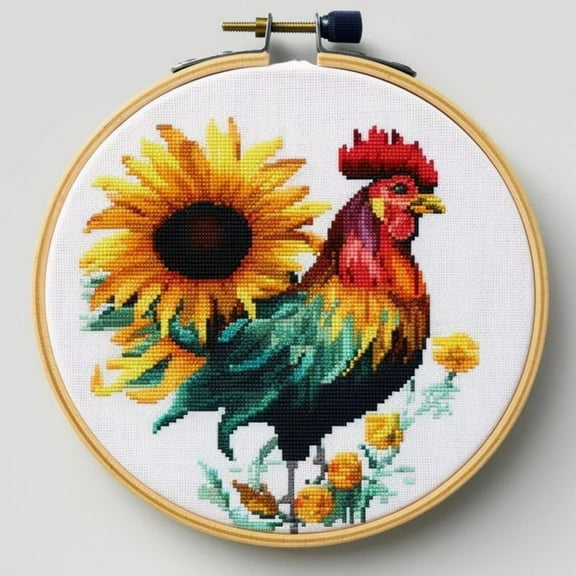 Counted Easy Cross Stitch Kits Flowers Rooster Color Stamped Embroidery for Starter Kits DIY 11CT Stamped Patterns Embroidery Needlework Kit Supplies 12 Inch Hoop Included(78-f)
