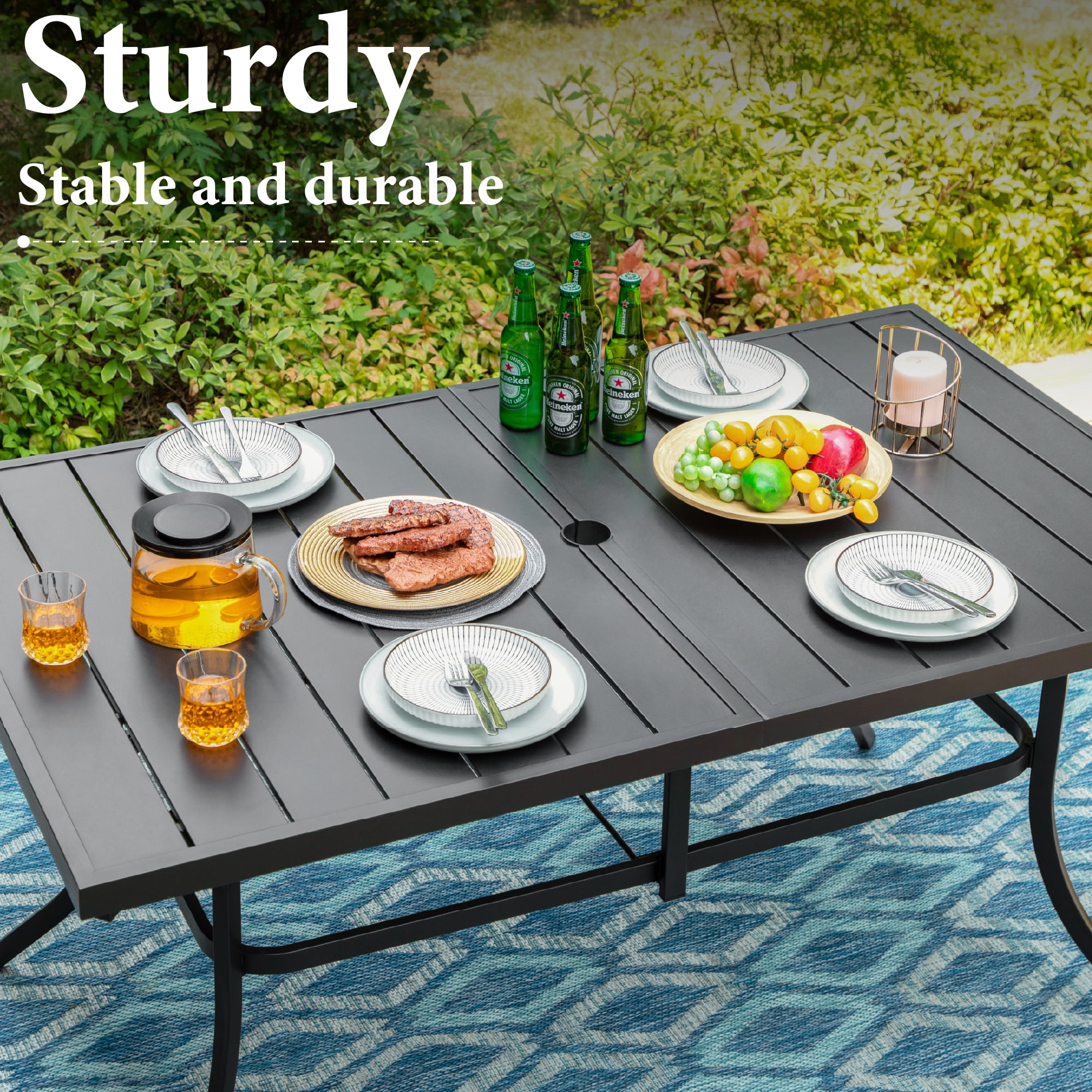 SUMMIT LIVING 7-Piece Outdoor Patio Dining Set with 6 Textilene Chairs & 60" Rectangle Metal Steel Table with Umbrella Hole, Black & Tan