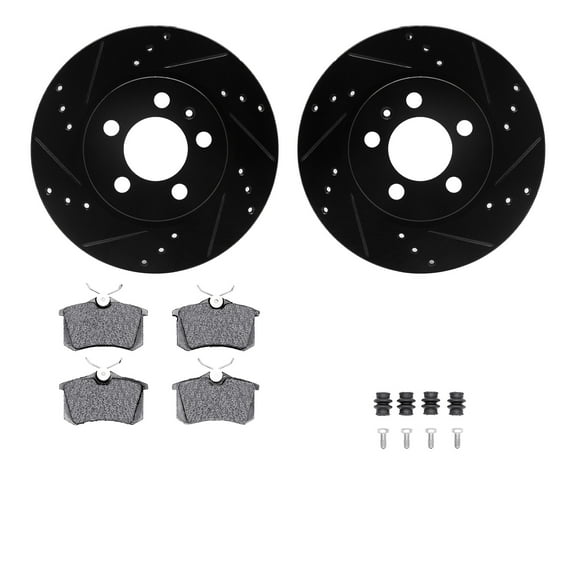 Dynamic Friction Company Rear Brake Rotors-Drilled and Slotted-Black with 5000 Advanced Brake Pads includes Hardware 8512-74047