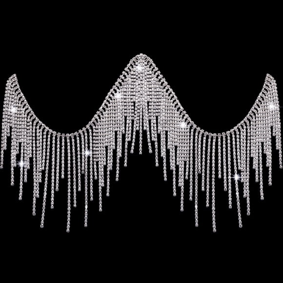 Cinturón con borlas y diamantes de imitación, flecos, cadena plateada