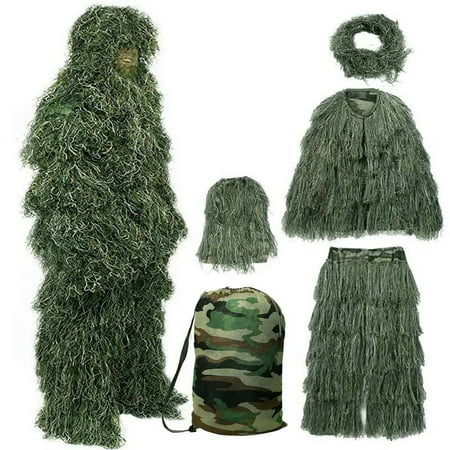 FICISOG 3D Ghillie Suit 5-in-1 Camouflage Apparel Including Jacket Pants Hood Carry Bag for Unisex Adults/Youth (S/M/L/XL/XXL)