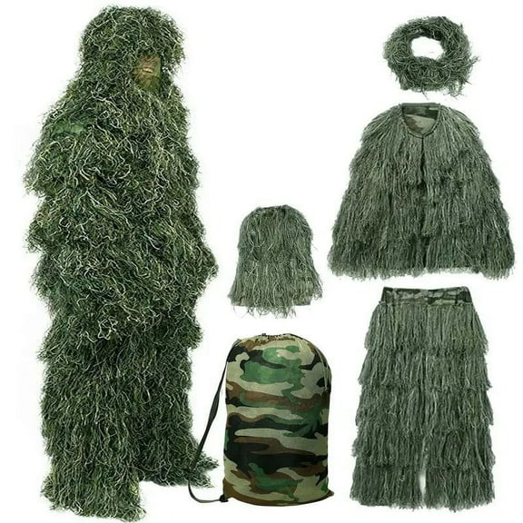 FICISOG 3D Ghillie Suit 5-in-1 Camouflage Apparel Including Jacket, Pants, Hood, Carry Bag for Unisex Adults/Youth (S/M/L/XL/XXL)