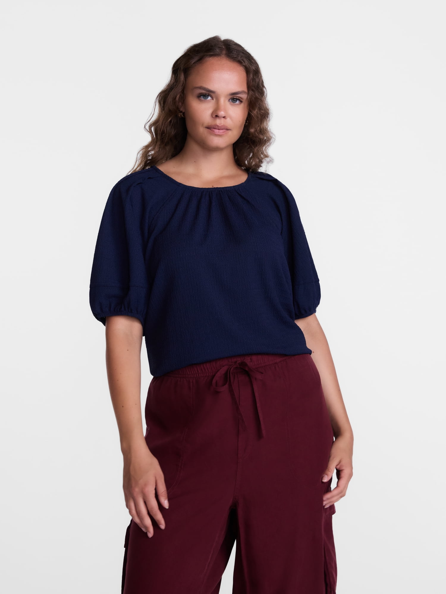 Scenario Women's Textured Top with Short Puff Sleeves, Sizes XS-XXXL
