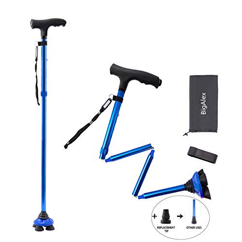 BigAlex Folding Walking Cane with LED Light,Pivoting Quad Base,Adjustable Walking Stick with Carrying Bag for Man/Woman ?4'9''-5'6'' Blue ?