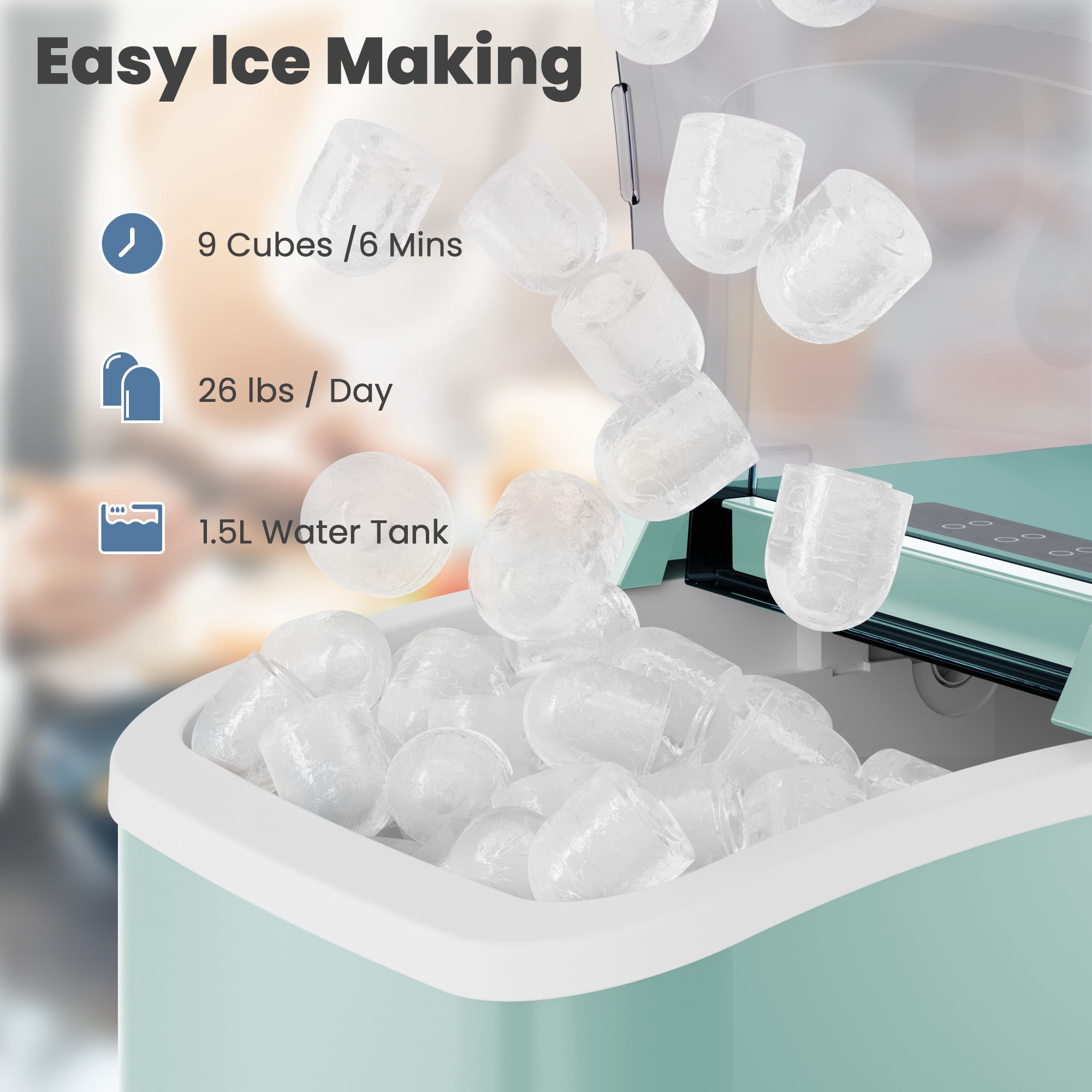 CONCETTA Portable Ice Maker Machine, 26.5 lb/Day Ice, Two Ice Sizes, Self-Cleaning Function, Bullet Ice Maker with Ice Scoop & Basket, Green