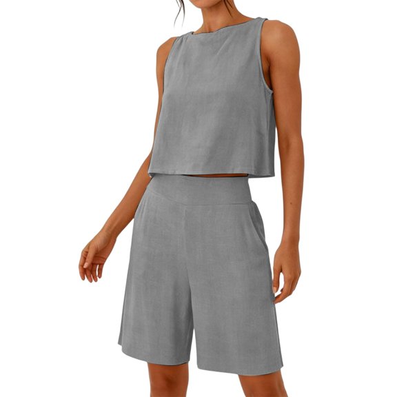 Costeam Womens 2 Piece Matching Outfit Sleeveless Crew Neck Cropped Top Elastic High Waist Bermuda Shorts with Side Pockets Lightweight Soft Breathable Relaxed Fit Summer Loungewear Set