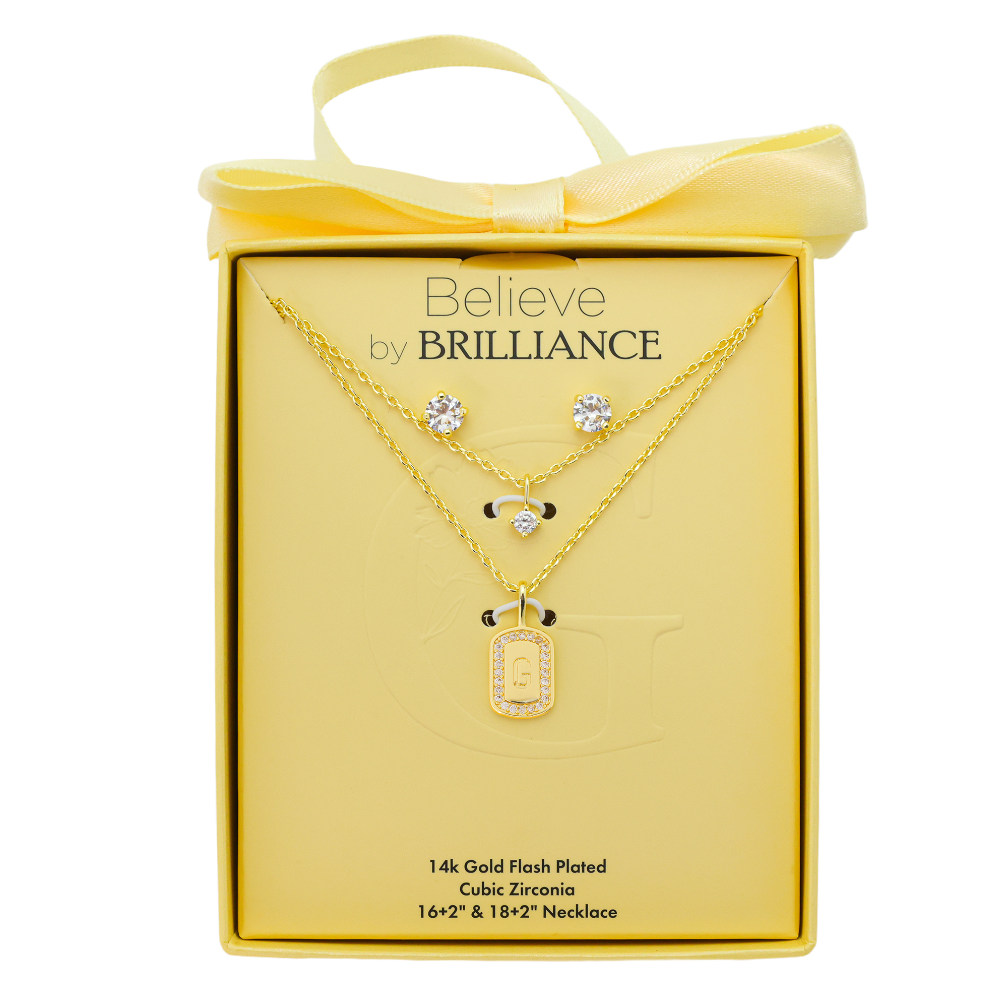 Believe by Brilliance Women's 14Kt Gold Flash Plated Cubic Zirconia Double Layer Tag "G" Necklace and Earring Set