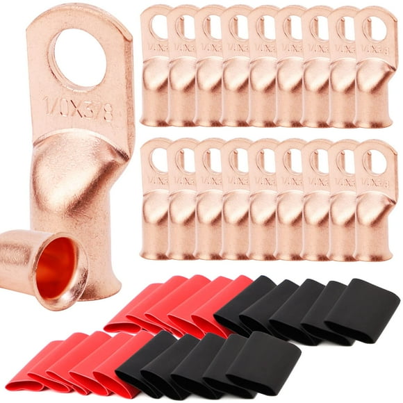 TKDMR 20 Pcs 1/0 AWG-3/8 Pouces Crampons de Batterie, Crampons en Fil de Cuivre, Embouts de Câble de Batterie Robustes, Bornes Tubulaires, Crampons de Fil AWG, Connecteurs de Bornes de Batterie avec Tuyau Rétractable à la Chaleur 3:1