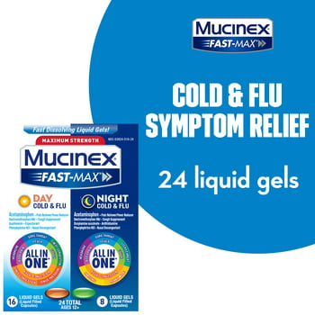 Mucinex Fast-Max Maximum Strength Cold & Flu Day and Night Medicine, All-in-One Multi-Symptom Relief Liquid Gels – 24 count (16 Day time   8 Night time) (Packaging May Vary)