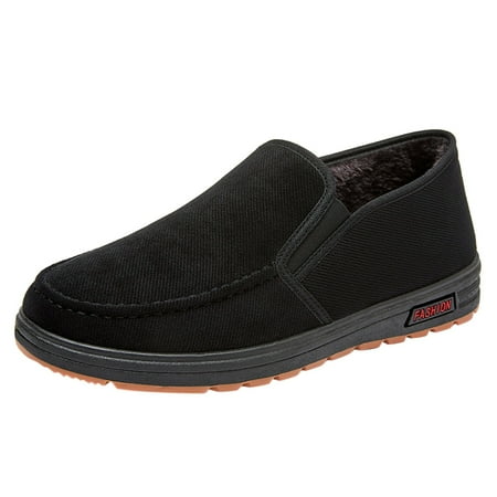

Xutthjh Fashion Autumn Winter Men Casual Shoes Flat Non-Slip Canvas Upper Round Toe Solid Color Slip On Plush Warm Comfortable