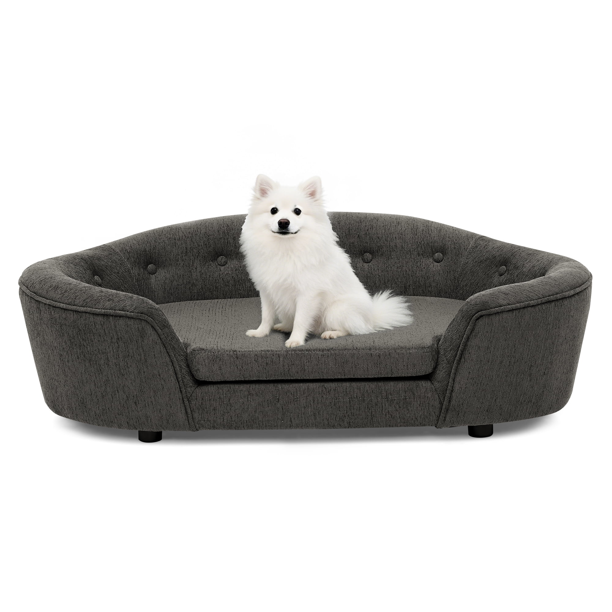 Oval Semi-Enclosed Dog Sofa, Durable Linen Material, Button-Tufted Backrest, High-Center Low-Sides Support & Plush Comfort, Dark Gray