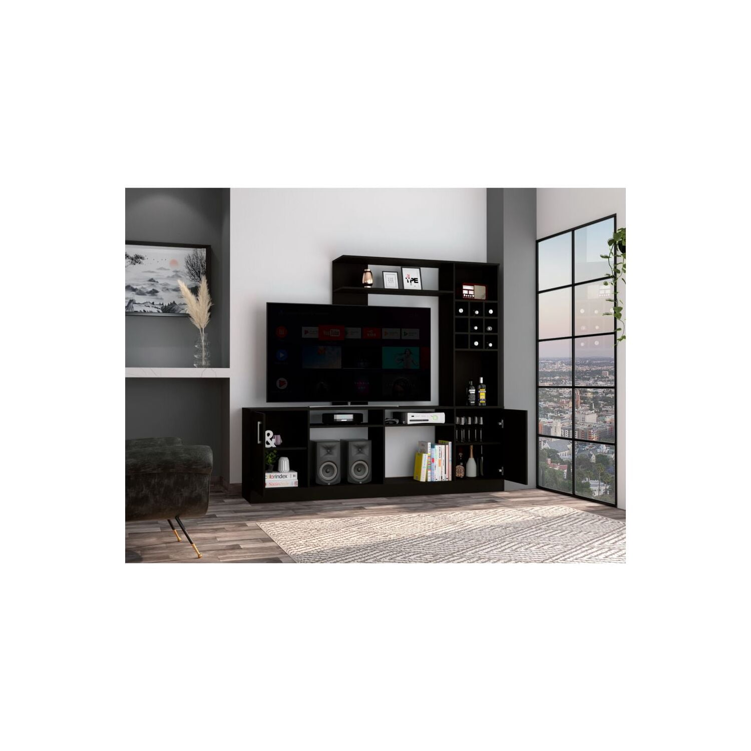 FM FURNITURE Vibrant Entertainment Center For TV?s up 78", Double Doors Cabinet, Storage Spaces, Six External Shelves