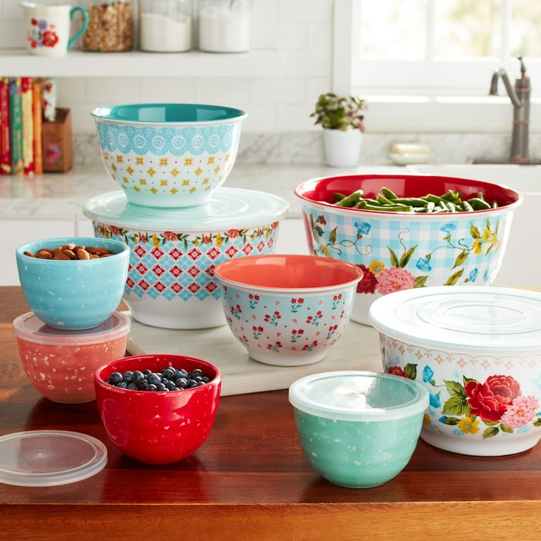 The Pioneer Woman Melamine Mixing Bowls Set with Lids 18-Pieces with 1  Spoon Rest & 1 Stainless Steel Silicone Kitchen Tongs Aqua (Total 20  Pieces)