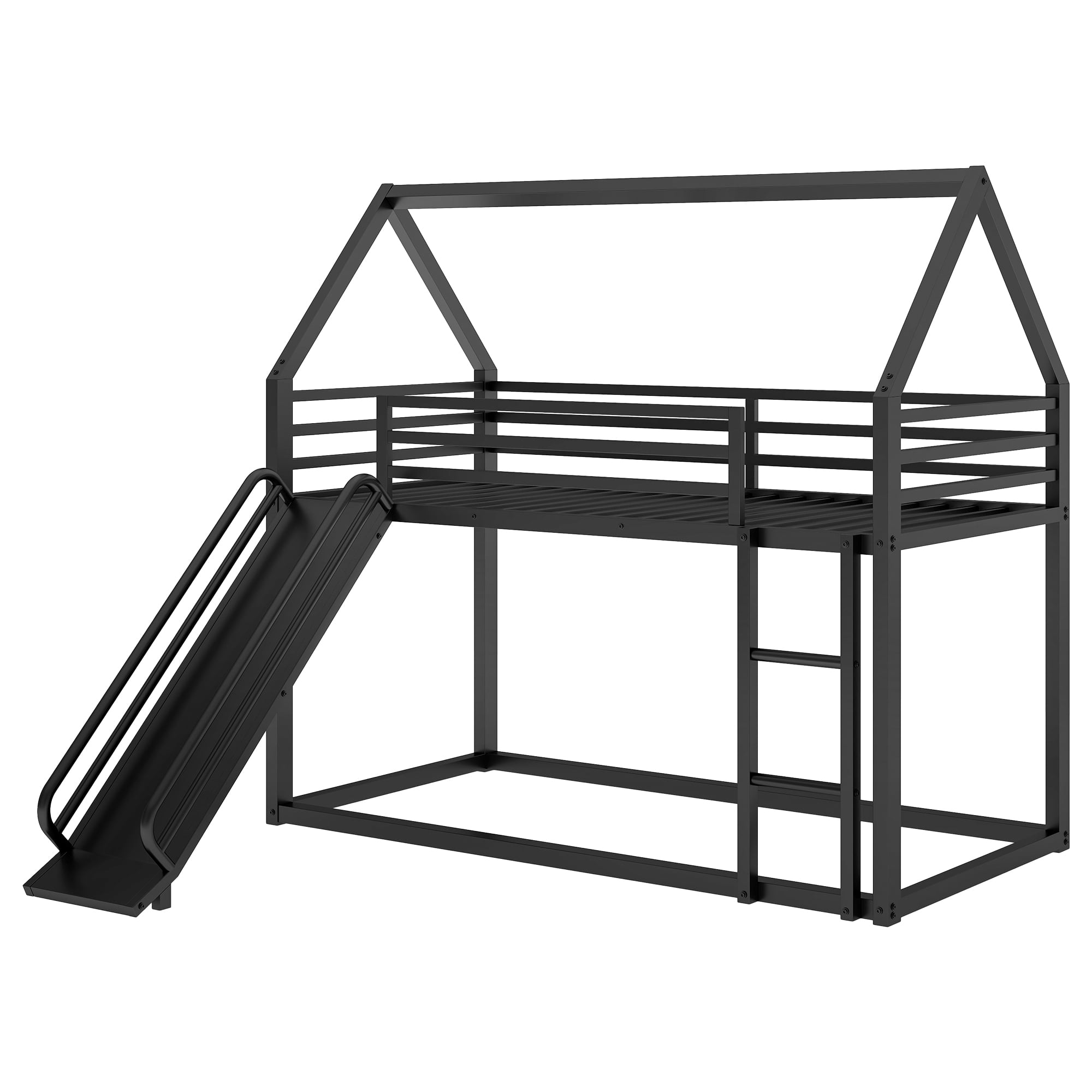 Euroco Twin over Twin House Bunk Bed with Ladder and Slide for Kids Teens Bedroom, Black