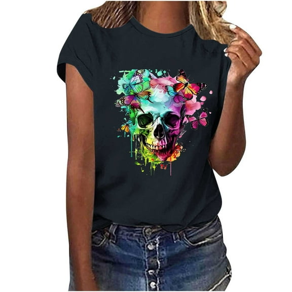 Busydd Womens Tops Stylish Skull Print T Shirts for Women Casual Short Sleeve Round Neck Summer Tops Comfortable Cotton Graphic Tees S