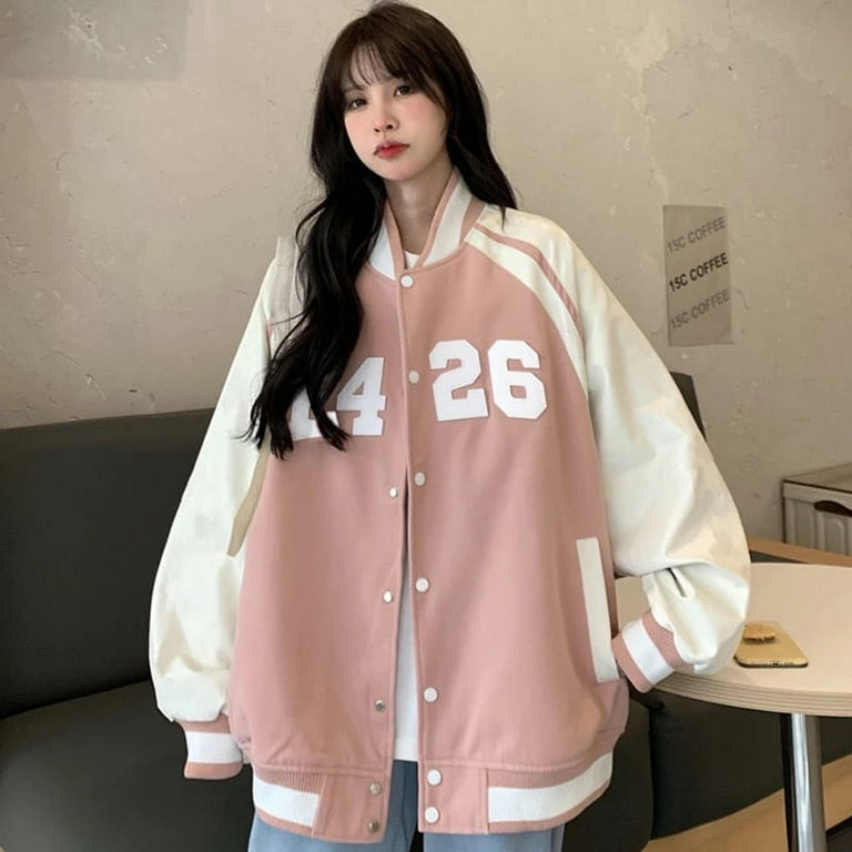 DanceeMangoo Pink Jackets for Women Clothes Women Black Short Coat Korean Loose Sports Baseball Jacket Spring Autumn Long Sleeve Jacket Zm829