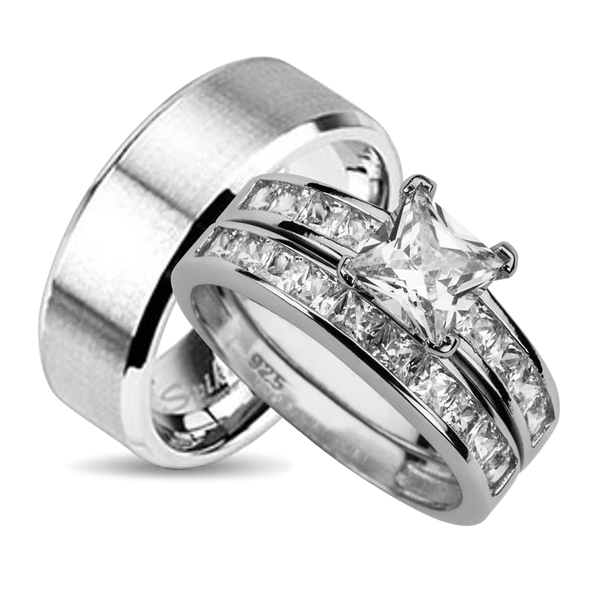 His and Her Wedding Ring Sets TRIO Couples Engagement Promise Rings