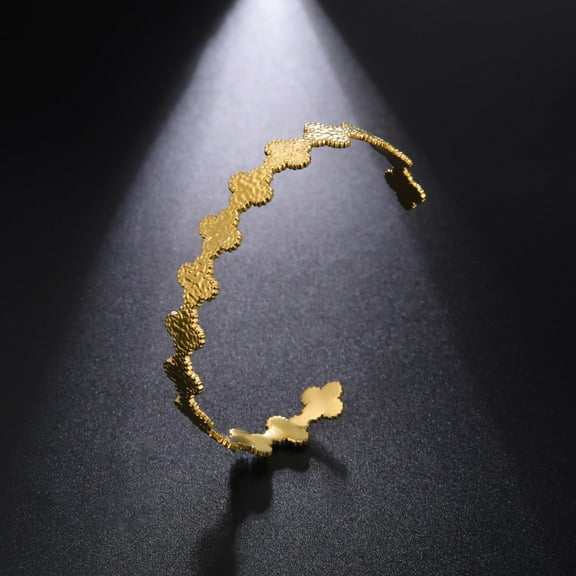 14K Yellow Gold Hammered Four-Leaf Clover Bracelet For Women Girl Flower Bangles Christmas Jewelry Party Lover Gift