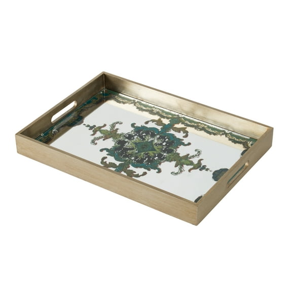 Miki 18 Inch Decorative Tray, Artistic Mirrored Damask Pattern, Gold Finish- Saltoro Sherpi