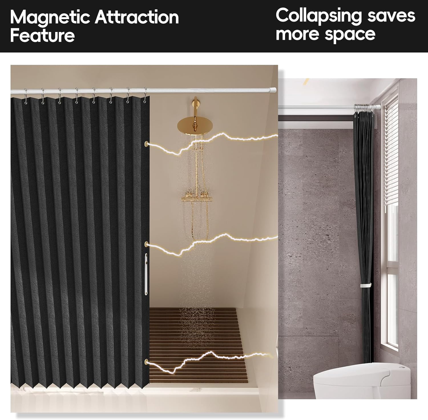 Magnetic Folding Shower Curtains Acordion Shower Curtain Fabric Polyester Waterproof Shower Curtains Suitable for Family Hotel Homestay Bathroom (Black,77" W x 72" L) 1 Panel