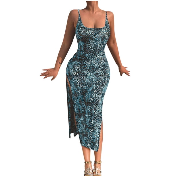 Vestido de Verano para las Mujeres, Vestido Largo Delgado Cuello Redondo sin Mangas de Impresión de Leopardo Sexy Hecho de Poliéster Ligero, Vestido Sexy para las Mujeres
