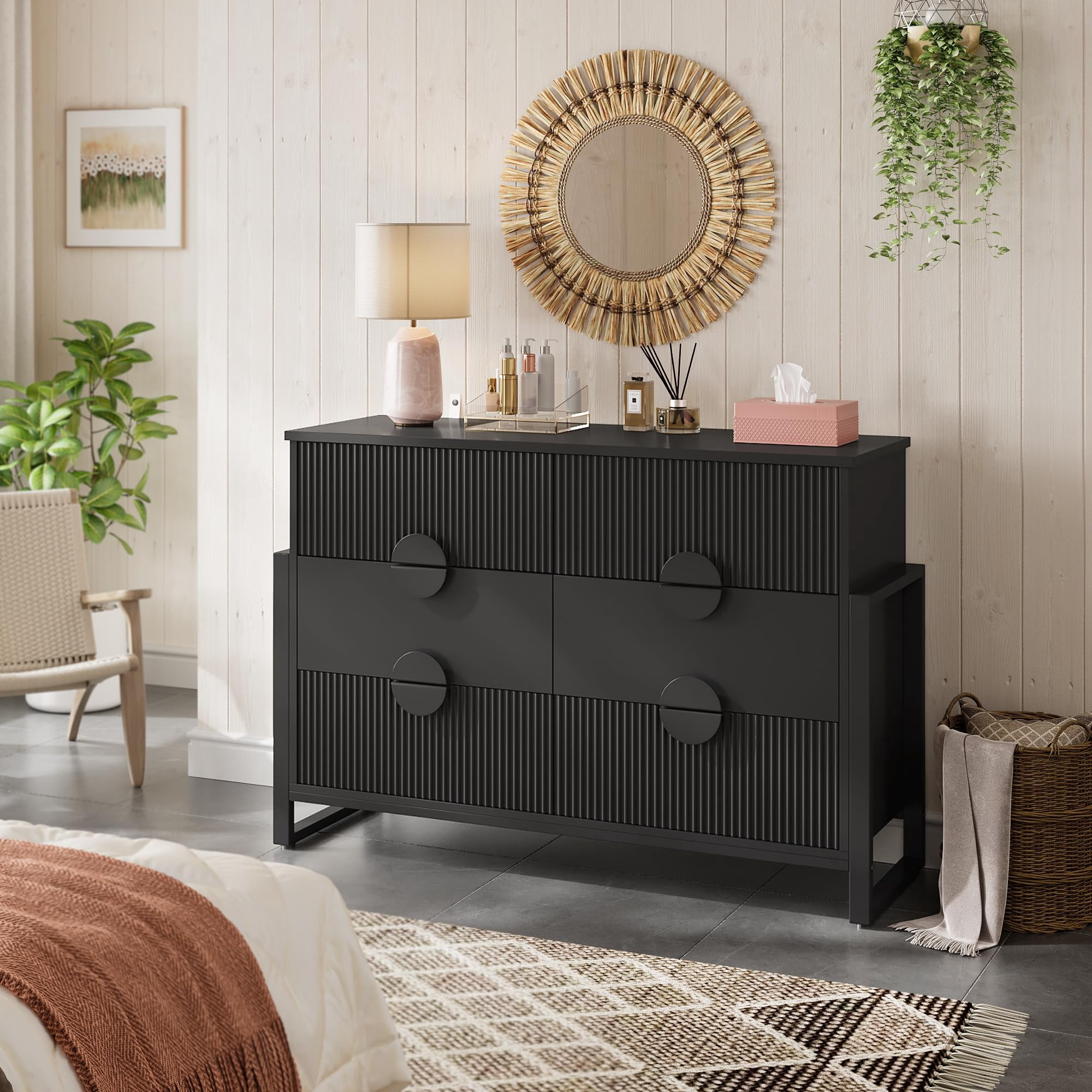 Black 6 Drawer Dresser for Bedroom, Modern Wide Chest Of Drawers Wood Storage Cabinet for Living Room
