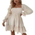thumbnail image 2 of PENGXIANG Womens Mini A-Line Dress Sexy Long Sleeve Square Neck Smocked Ruffle Plain Dresses Apricot XL, 2 of 5