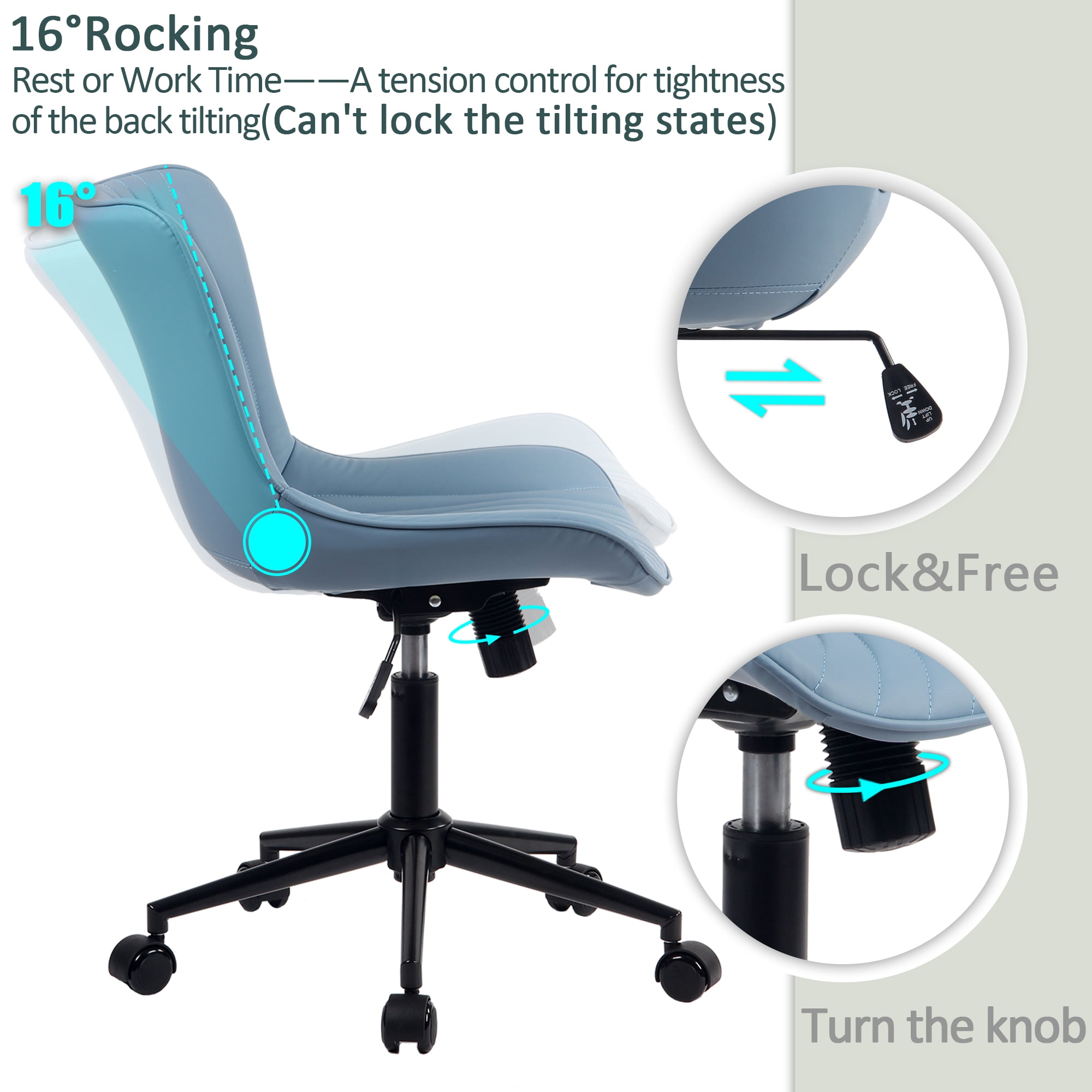 YOUNIKE Modern Office Chair with Wheels Adjustable Ergonomic Desk Task Chair in Mid-Back Blue PU Design