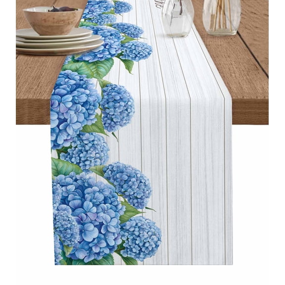 Hokiten Table Runners 48 Inches Long Dress Scarves, Blue Hydrangeas Floral Farmhouse Kitchen/Dining Table Runner, Short Coffee Tablerunners, Spring Summer Flower Wooden Grain 13x48 Inch